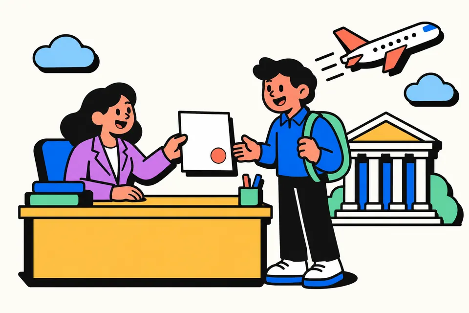 Illustration of an HR officer handing a signed certificate across a desk to a smiling employee, with a bank building and an aeroplane in the background