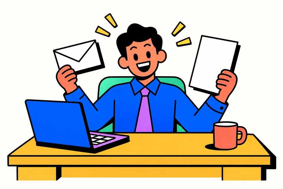 Illustration of a small office owner handing a printed payslip to an employee at a desk