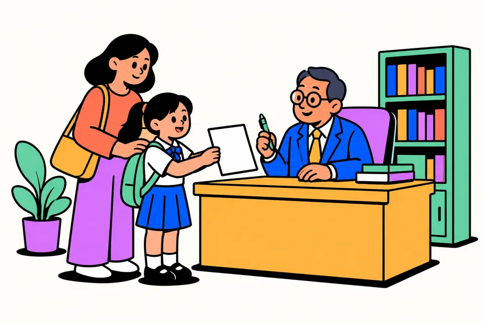 Illustration of a parent and a schoolchild handing a letter to a school principal in an office
