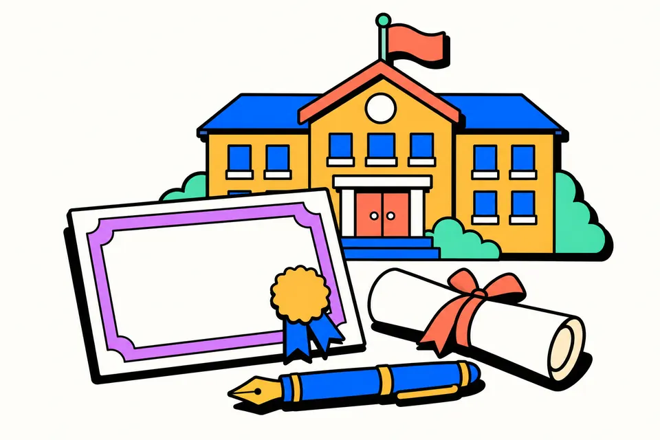 Illustration of a school building with a flag, a bordered certificate with a gold seal, a rolled scroll and a fountain pen