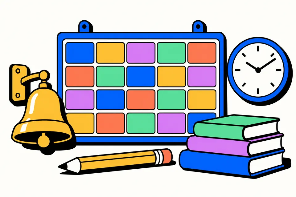 Illustration of a wall timetable grid with colourful blocks, a school bell, a wall clock, books and a pencil