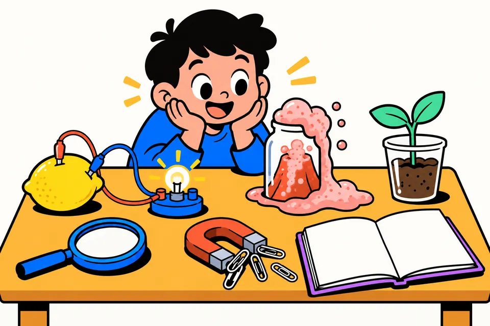 Illustration of a child's science table with a lemon battery lighting a bulb, a foaming jar volcano, a seedling, a magnet and a magnifying glass