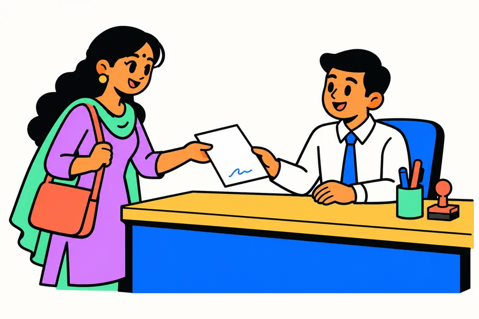 Illustration of a young woman at an office desk handing a signed sheet of paper to a smiling clerk