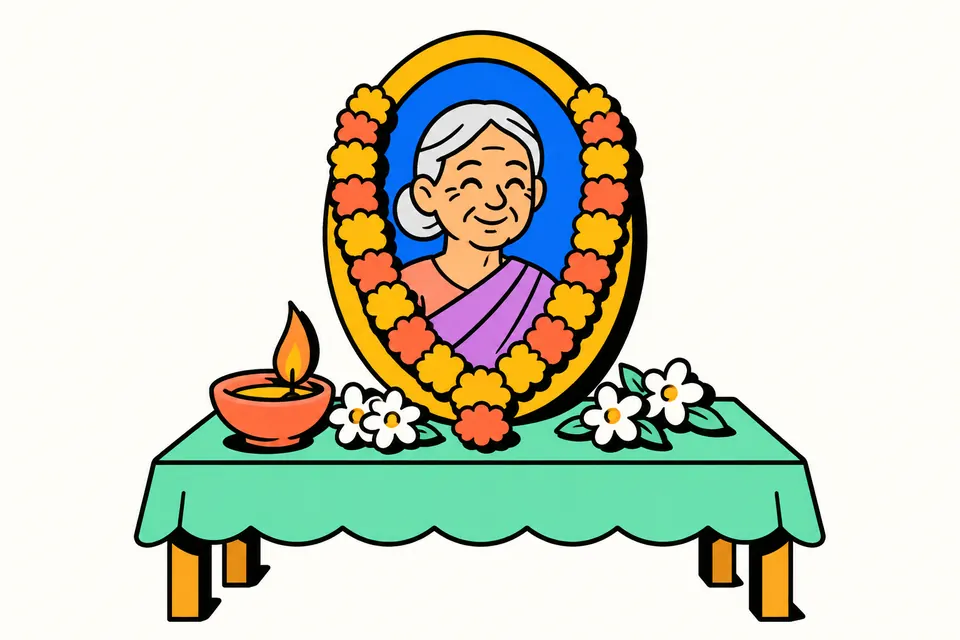 An oval portrait frame of a gentle elderly person with a marigold garland draped over it, a lit clay lamp and white flowers on a small table