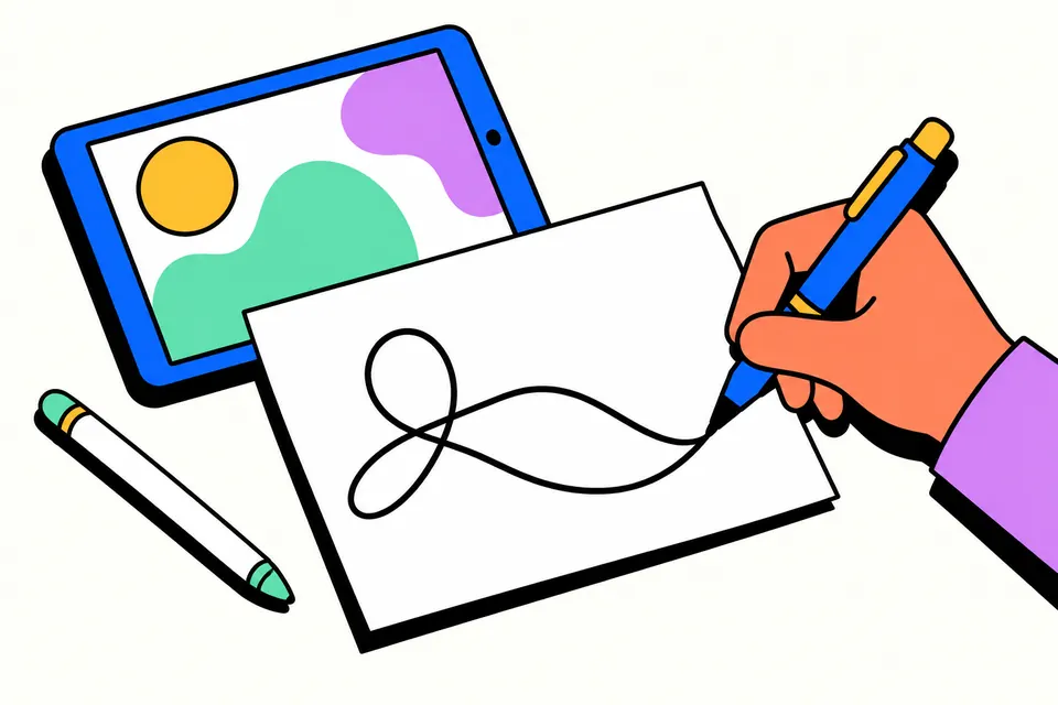 A hand signing on a phone screen with a finger, next to the same signature placed on a printed letter