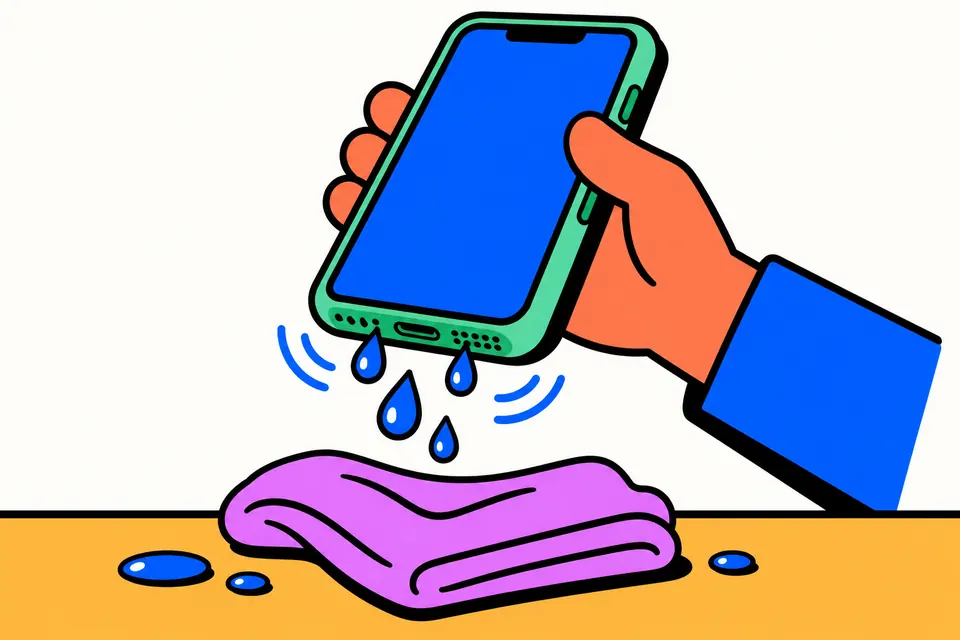 A hand tilting a phone with its speaker grille facing down while water drops and sound waves come out above a folded cloth