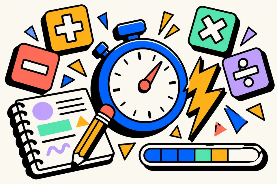 A stopwatch with a lightning bolt, plus, minus, multiply and divide tiles, a notebook and a progress bar