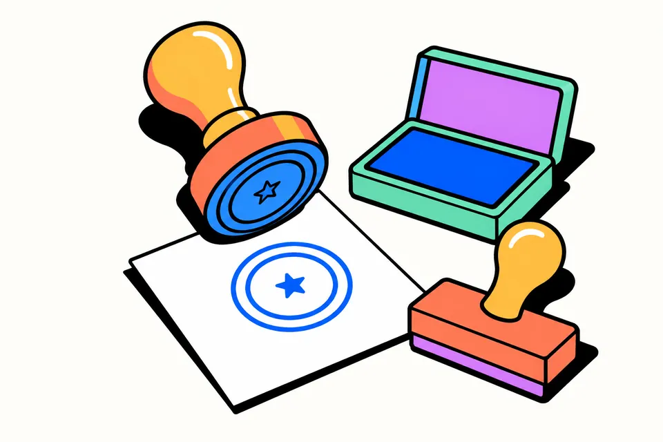 Illustration of a wooden rubber stamp above a sheet of paper with a fresh round blue seal, an ink pad beside it
