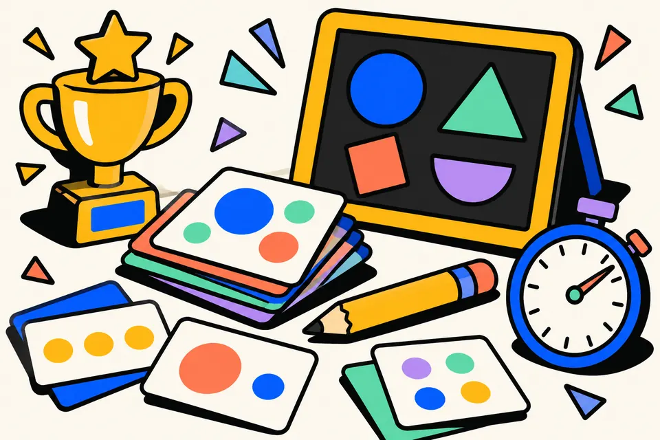 Flash cards with coloured dots, a slate, a pencil, a trophy and a stopwatch on a school desk