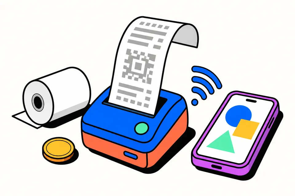 A small receipt printer printing a slip with a code pattern while a phone sends to it wirelessly, with a paper roll and a coin beside it