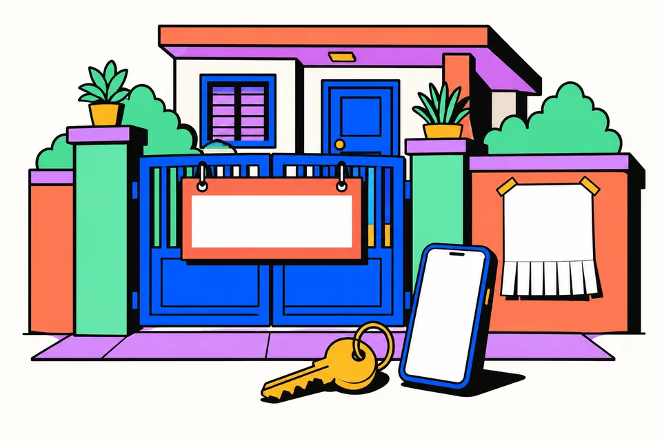 Illustration of a house gate with a blank sign board hanging on it, a poster with tear-off strips on the wall, a house key and a smartphone