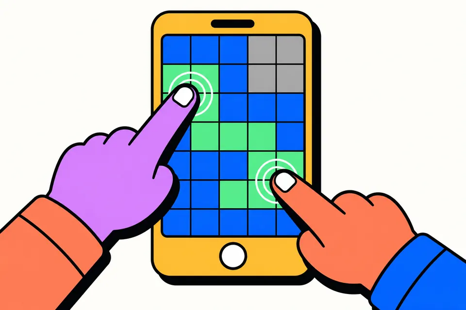 A phone whose screen is a grid of blue and green squares with a grey patch in one corner, with two fingertips touching the glass
