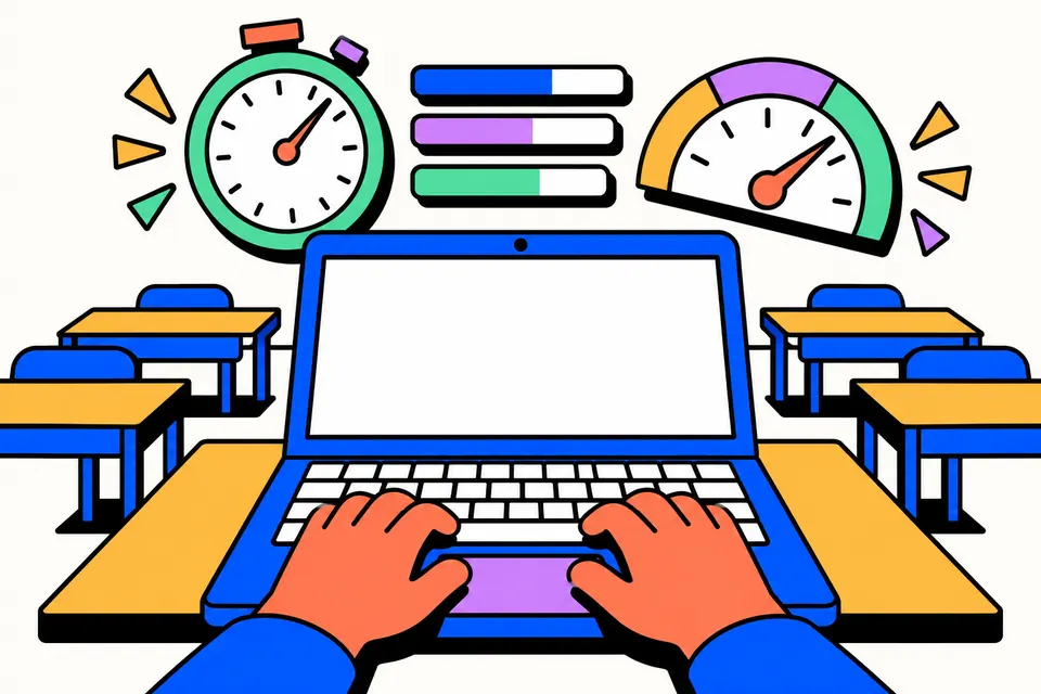 Hands typing on a laptop in an exam hall, with a stopwatch, progress bars and a speed gauge floating above the screen