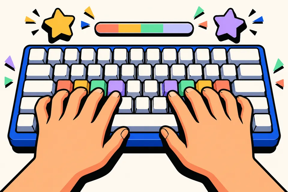 Two hands resting on the home row of a keyboard with colour-coded keys, stars and a progress bar above
