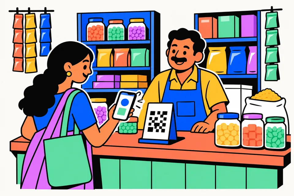 Illustration of a customer paying at a kirana shop counter by scanning a payment QR stand with a phone