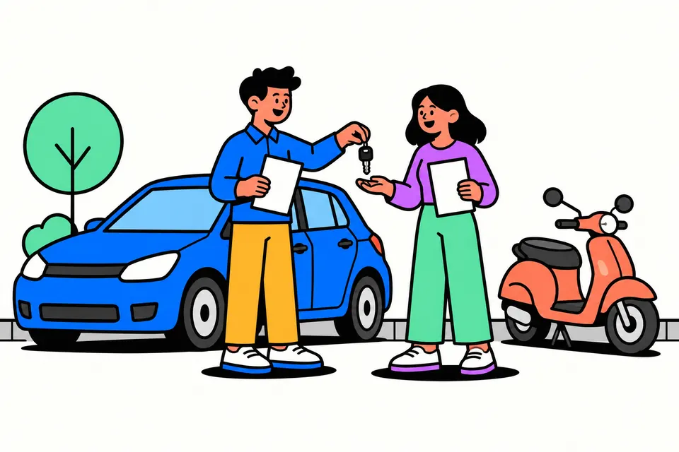 Illustration of a seller handing car keys to a buyer beside a parked hatchback and a scooter, both holding a signed paper