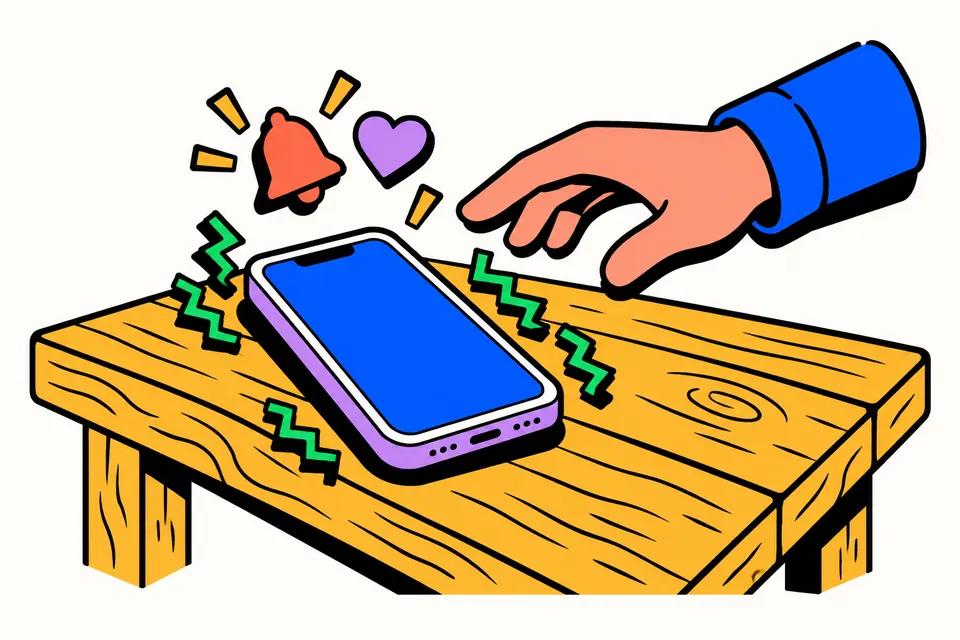 A phone buzzing on a wooden table with zigzag motion lines around it, a hand reaching for it, a bell and a heart floating nearby