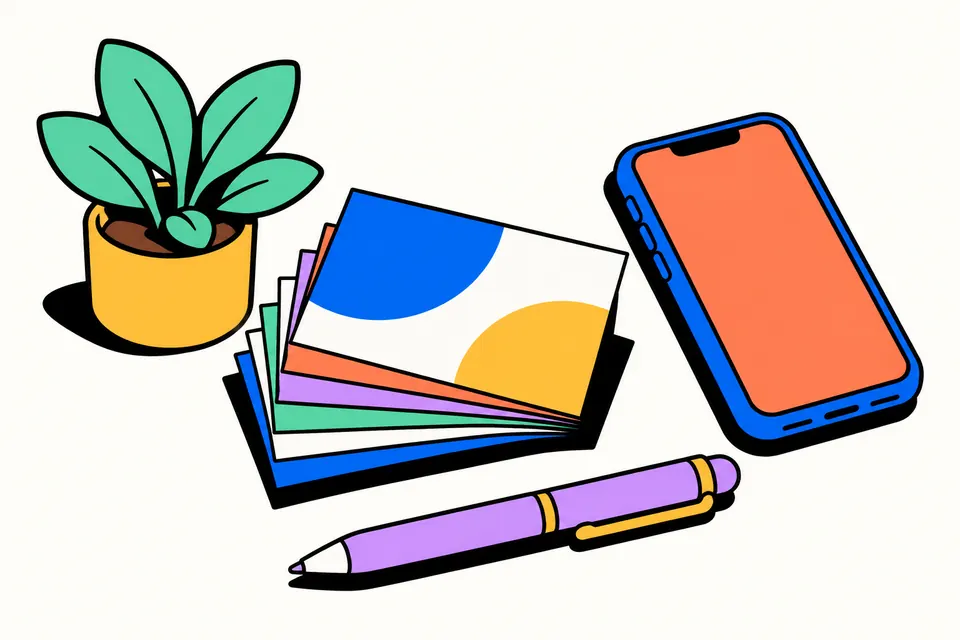 Illustration of a shopkeeper holding a freshly printed stack of business cards next to a laptop showing the card design
