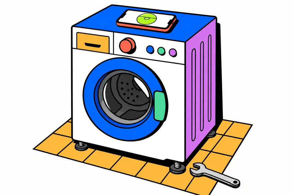 A front-loading washing machine on a tiled floor with a phone showing a bubble level on top and a spanner beside an adjustable foot