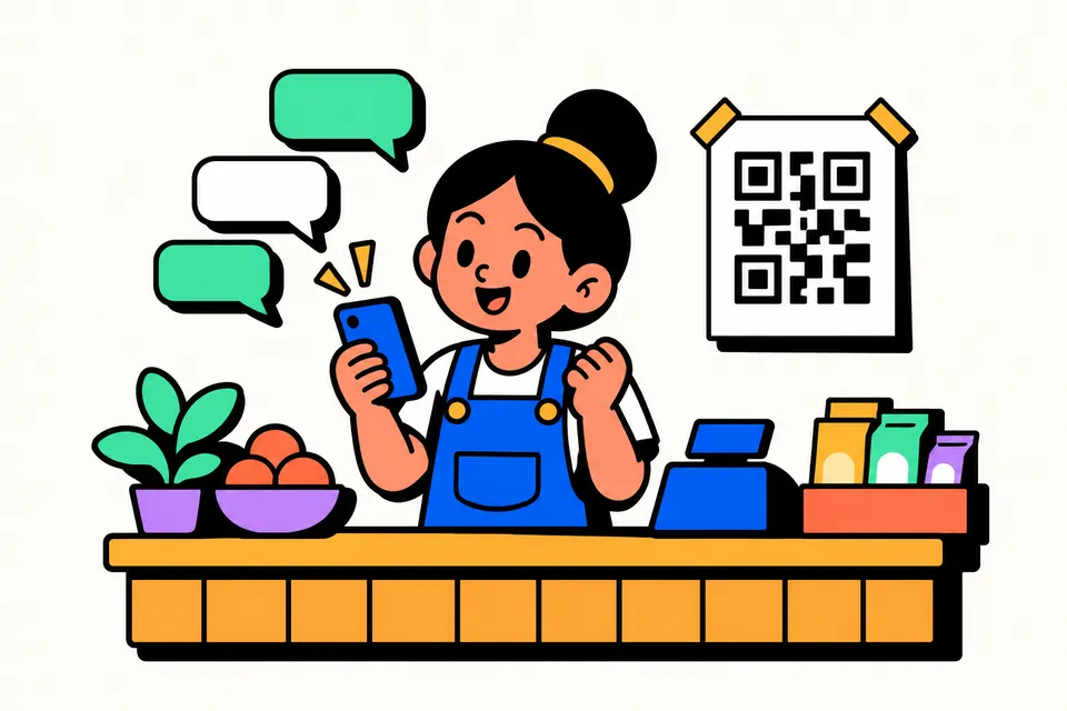 Illustration of a shopkeeper chatting with customers on a phone, with a scan code poster on the shop wall