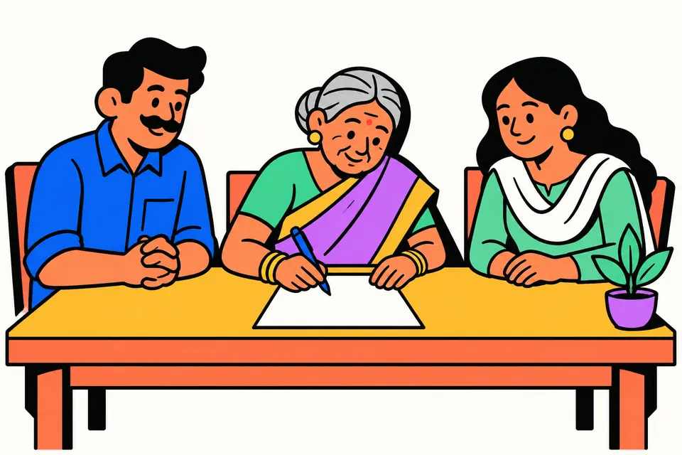 Illustration of an older woman in a saree signing a sheet of paper at a table while a man and a young woman sit beside her as witnesses