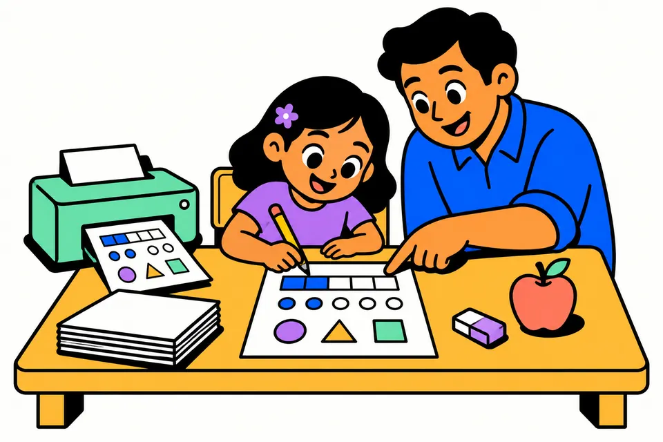 Illustration of a girl filling in a printed worksheet at a desk while her father points at it, with a printer pushing out a fresh sheet